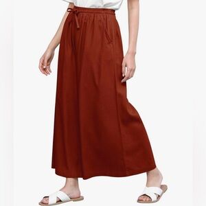 Washed Linen Casual Loose Wide Leg Pants Pocket Pant with Draw String -rust/red